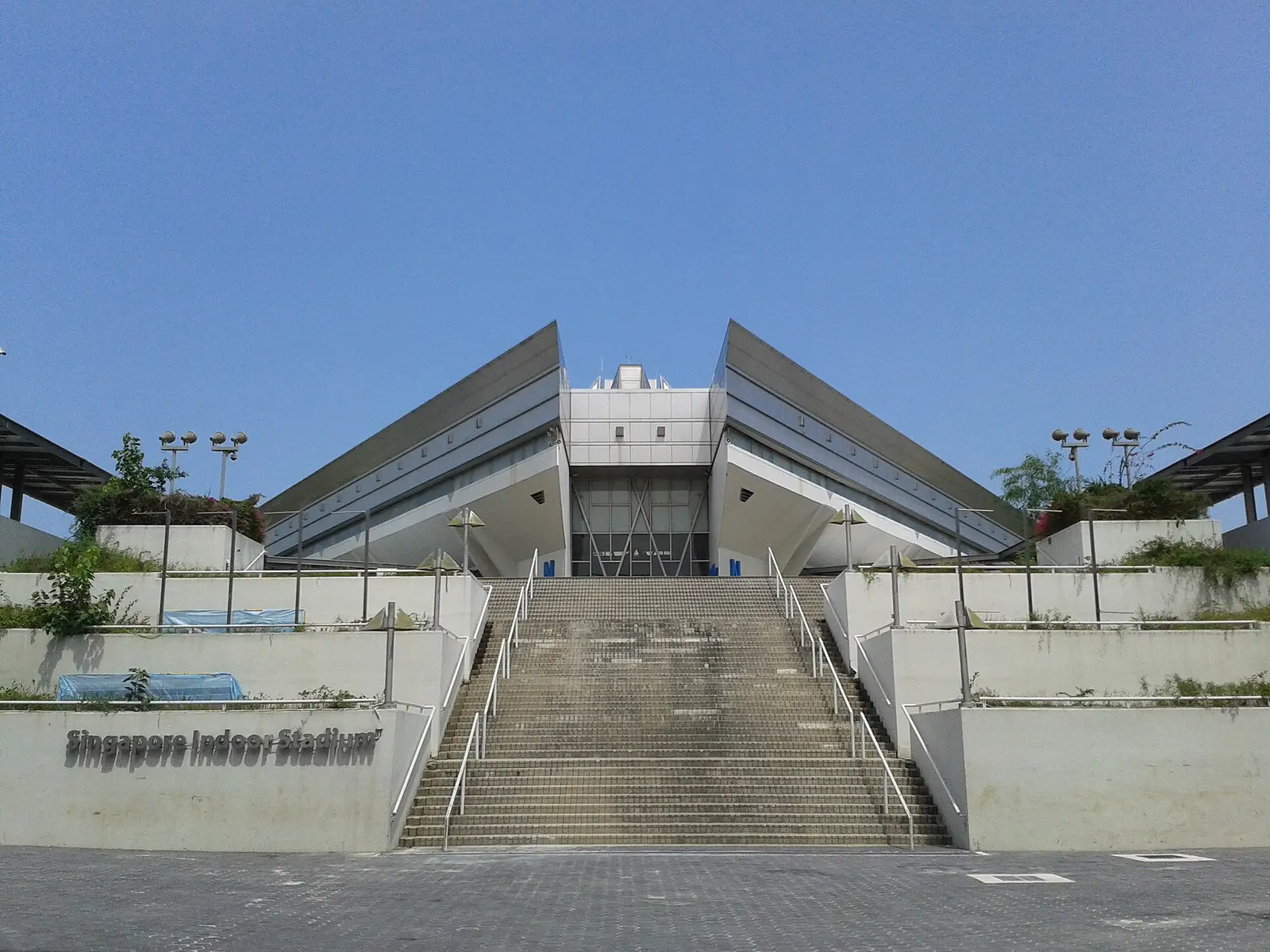 Entrance steps and angled roof of the Singapore Indoor Stadium